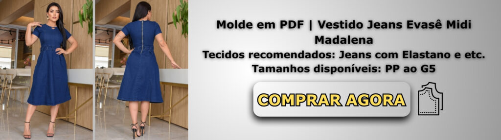 Molde em PDF Vestido Jeans Evasê Midi Madalena Banner de Vendas