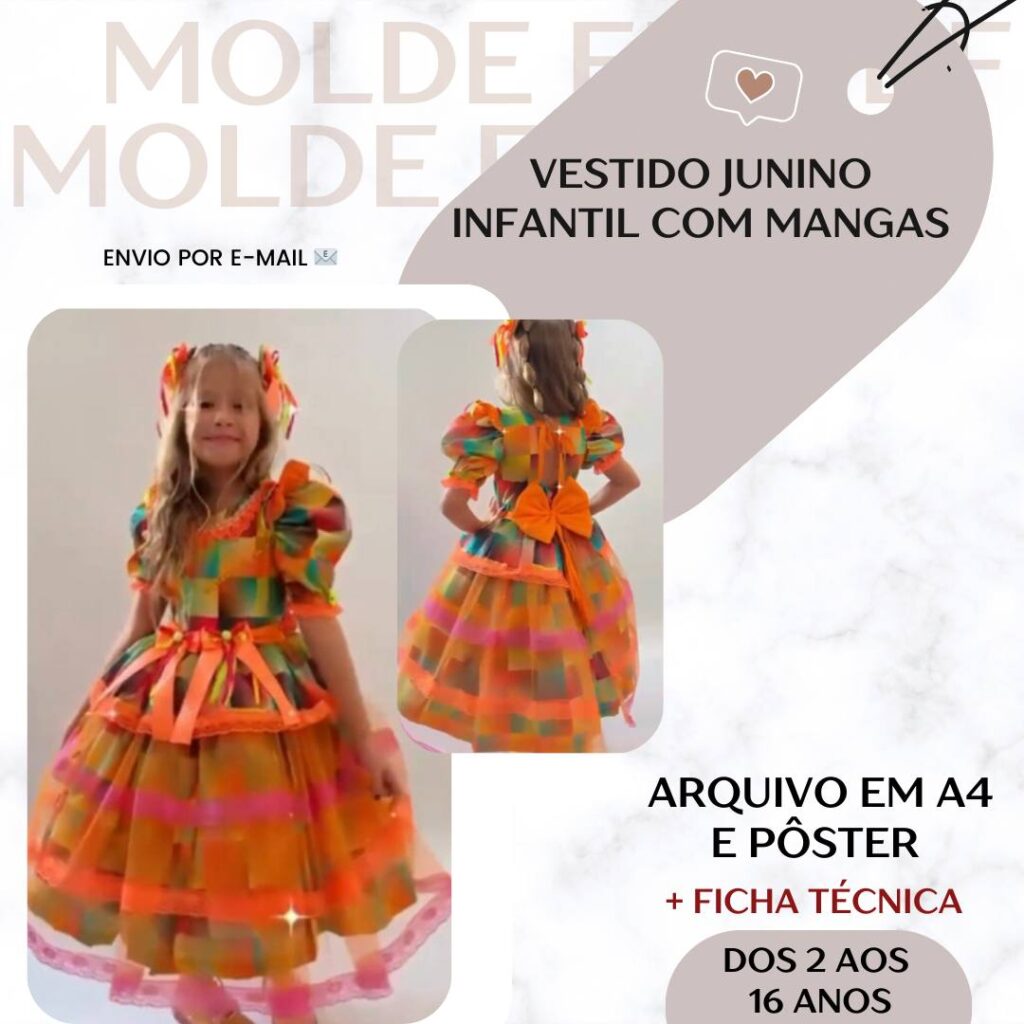 Vestido Junino Infantil com Mangas - Molde em PDF