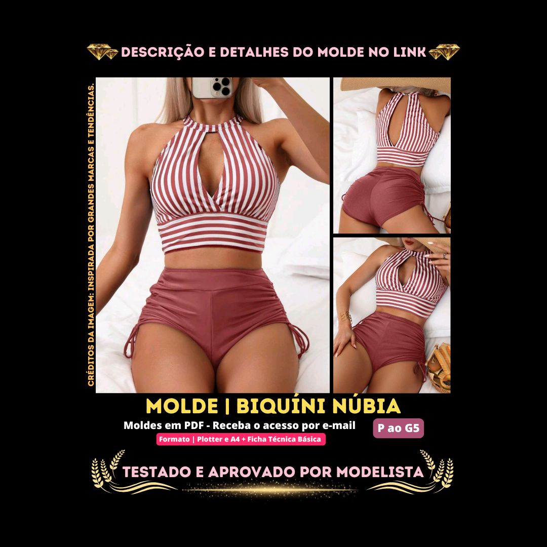 Molde em PDF - Biquíni Núbia (Biquíni Estilo Casual Top Halter Neck com Decote Vazado e Short Hot Pant com Amarração Lateral)