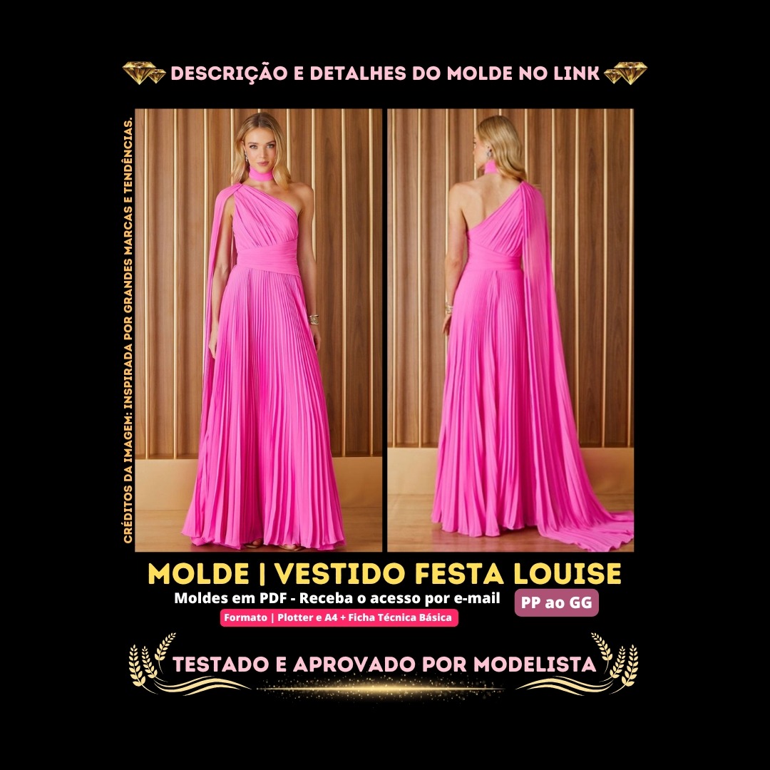 Molde em PDF - Vestido Festa Louise (Vestido Longo Assimétrico Plissado com Faixa Drapeada e Capa Lateral Integrada)