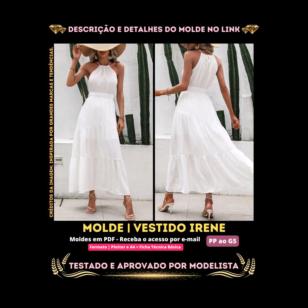 Molde em PDF - Vestido Irene (Vestido Estilo Casual Longo com Decote Halter Cintura Marcada com Elástico Saia em Camadas)