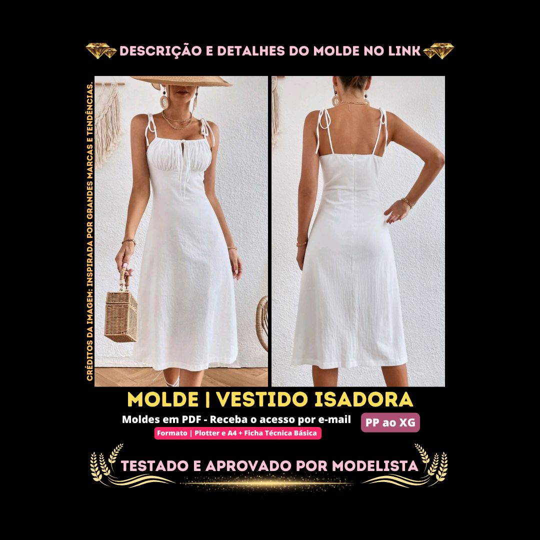Molde em PDF - Vestido Isadora (Vestido Estilo Casual Midi Alças Finas Ajustáveis Busto Franzido Recorte Império)