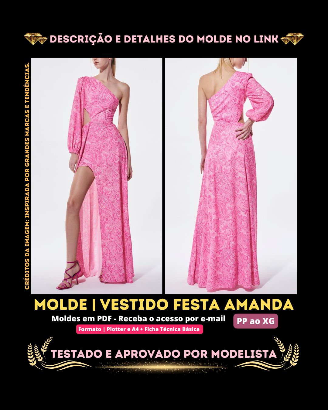 Molde em PDF - Vestido Festa Amanda (Vestido Estilo Festa Longo Assimétrico Um Ombro Só Manga Longa Bufante Recorte Lateral Vazado Fenda Frontal)