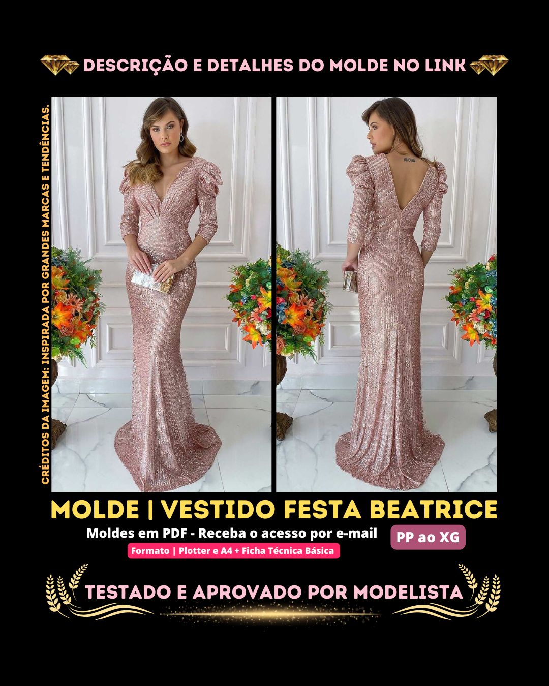 Molde em PDF - Vestido Festa Beatrice (Vestido Estilo Festa Longo Ajustado Malha Bordada Decote V Profundo Mangas Bufantes 3/4)