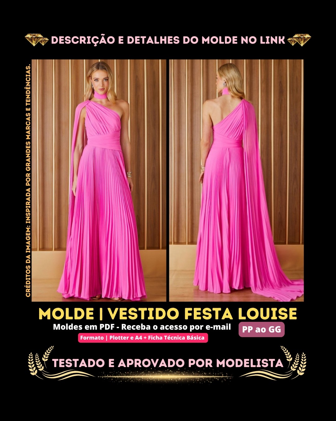 Molde em PDF - Vestido Festa Louise (Vestido Longo Assimétrico Plissado com Faixa Drapeada e Capa Lateral Integrada)