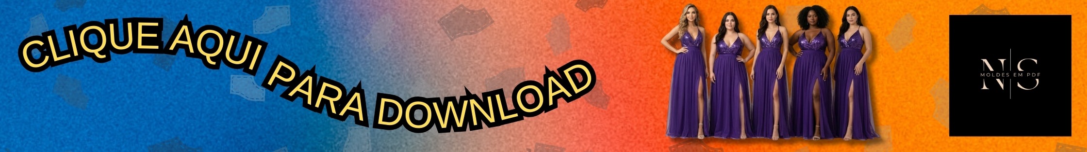 Botão de Download - Molde em PDF Gratuito Vestido Longo Tule com Paetê e Fenda (PP ao XG)