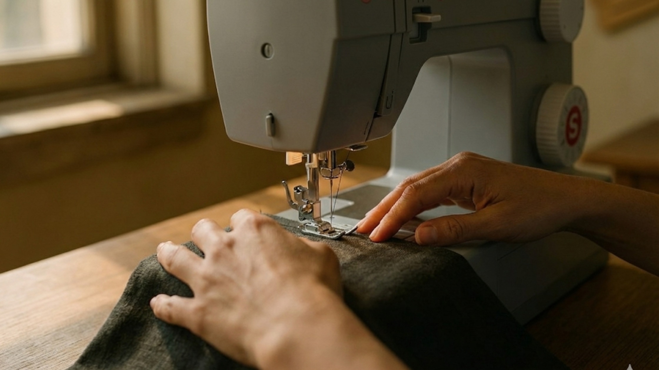 Detalhe das mãos de uma costureira costurando tecido na máquina, com foco na agulha e na linha, em um clima silencioso e intimista.