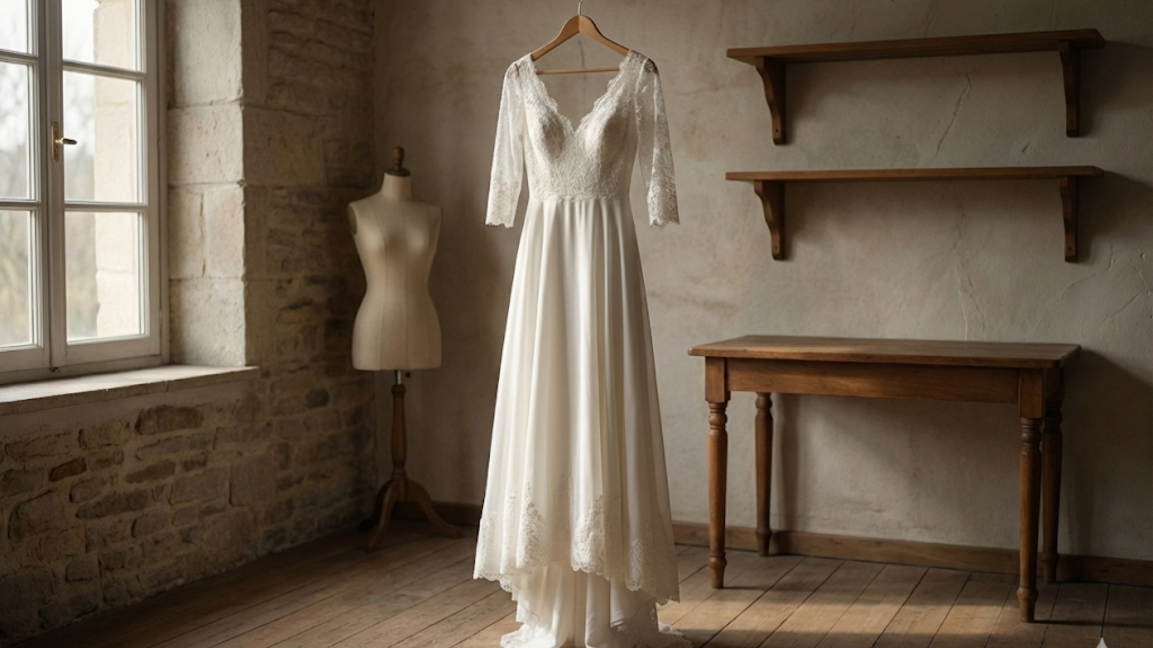 Vestido de noiva pendurado sozinho em um ateliê de costura vazio, representando uma decisão difícil e um futuro interrompido.