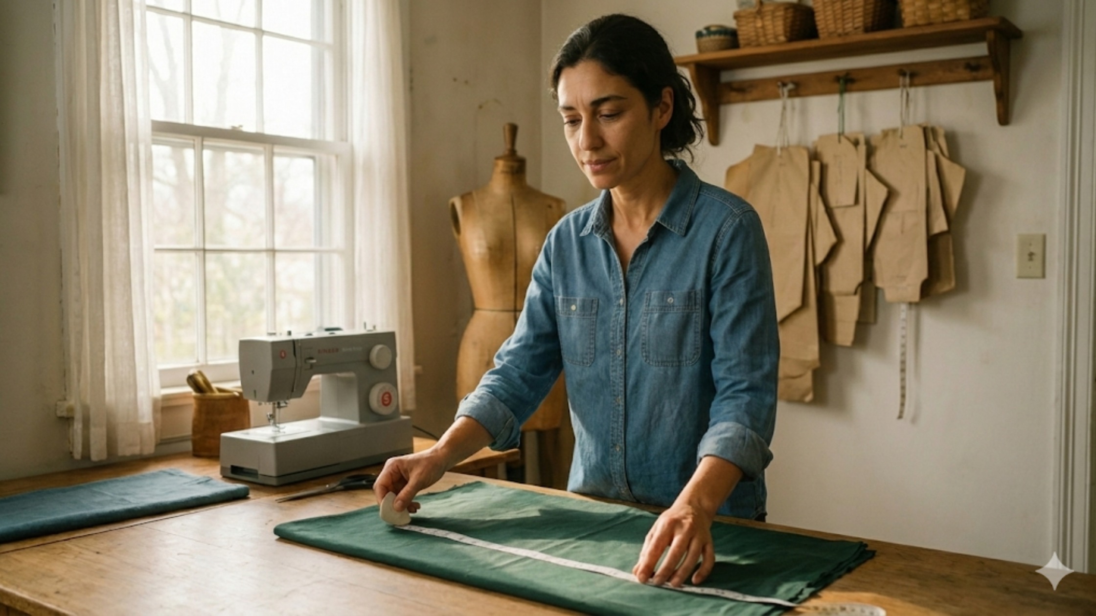 Costureira medindo tecido sobre a mesa de corte durante o dia, em um clima de recomeço e tranquilidade após mudanças importantes.