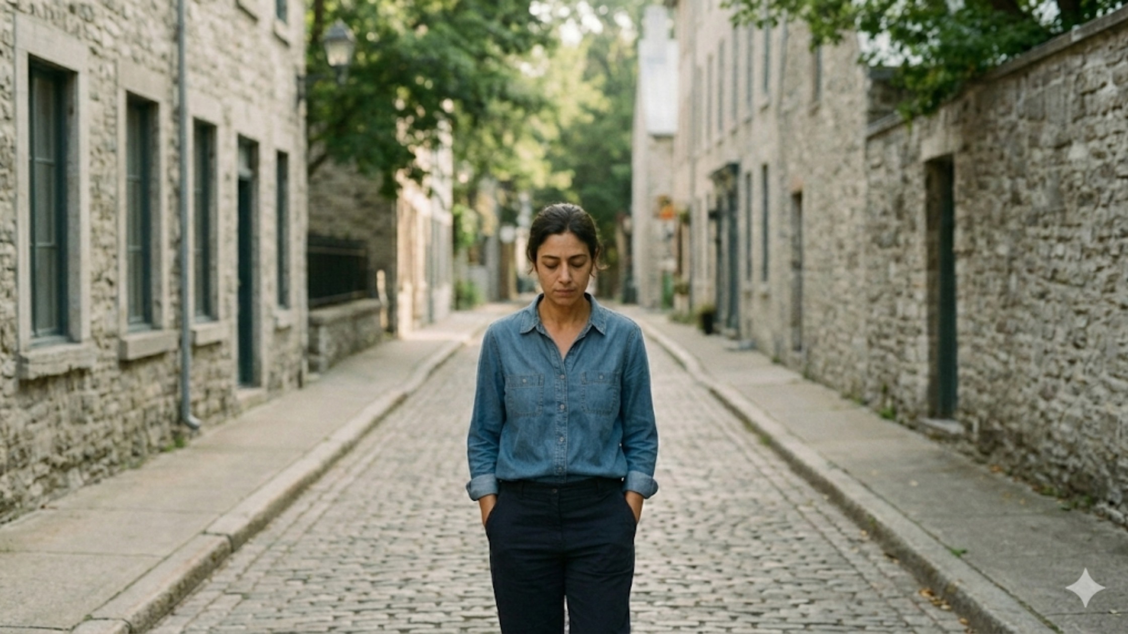 Mulher caminhando sozinha por uma rua tranquila durante o dia, representando pausa, reflexão e passagem do tempo.