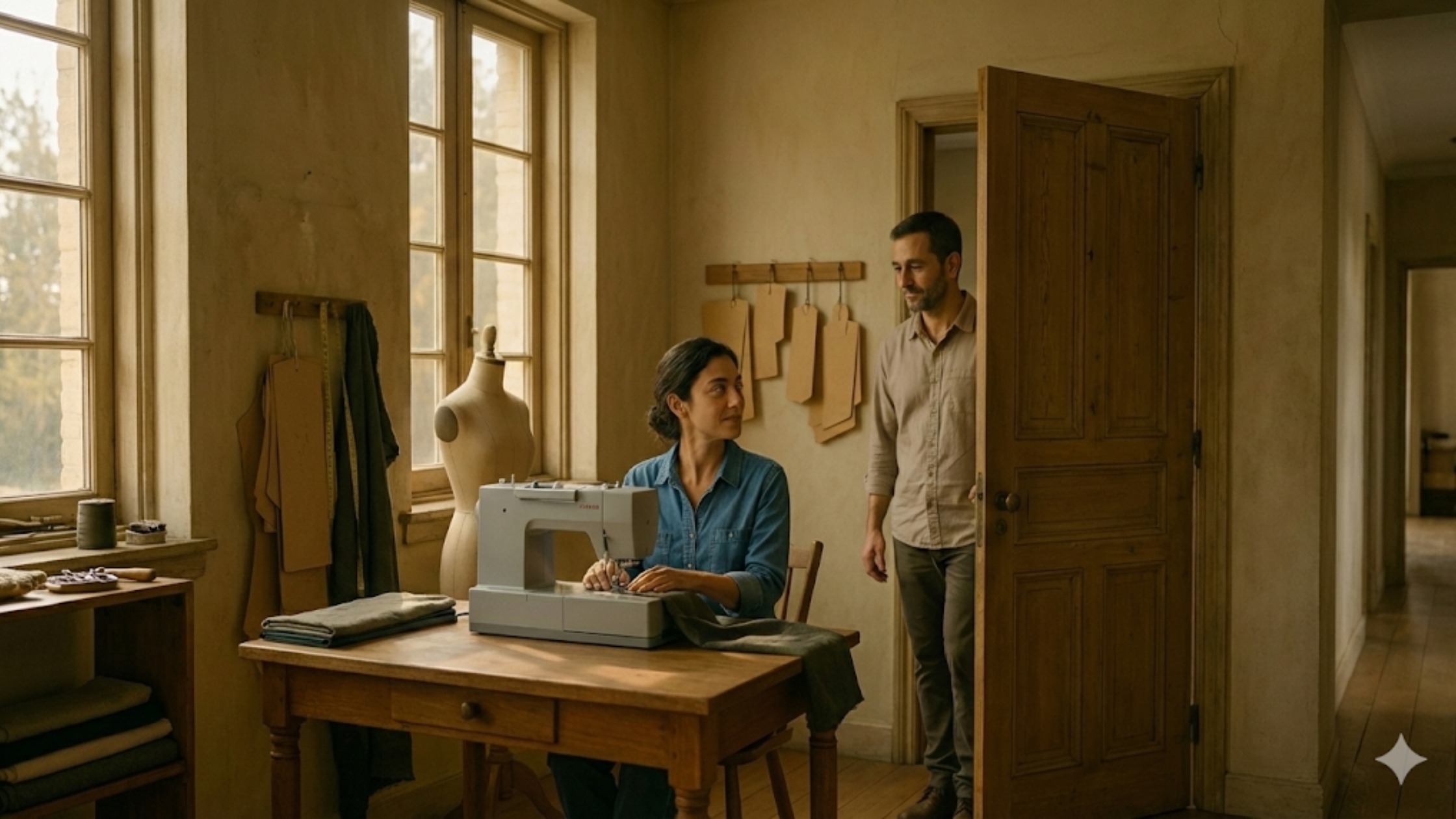 Homem entrando em um ateliê enquanto uma costureira trabalha calmamente, transmitindo um reencontro leve e sem tensão.
