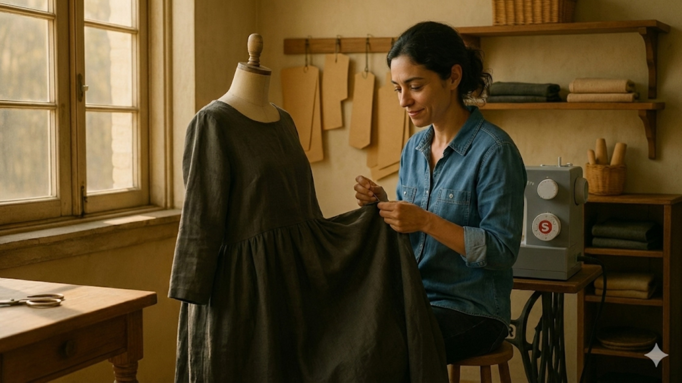 Costureira criando um vestido simples em um manequim, simbolizando autoexpressão, autonomia e realização pessoal.