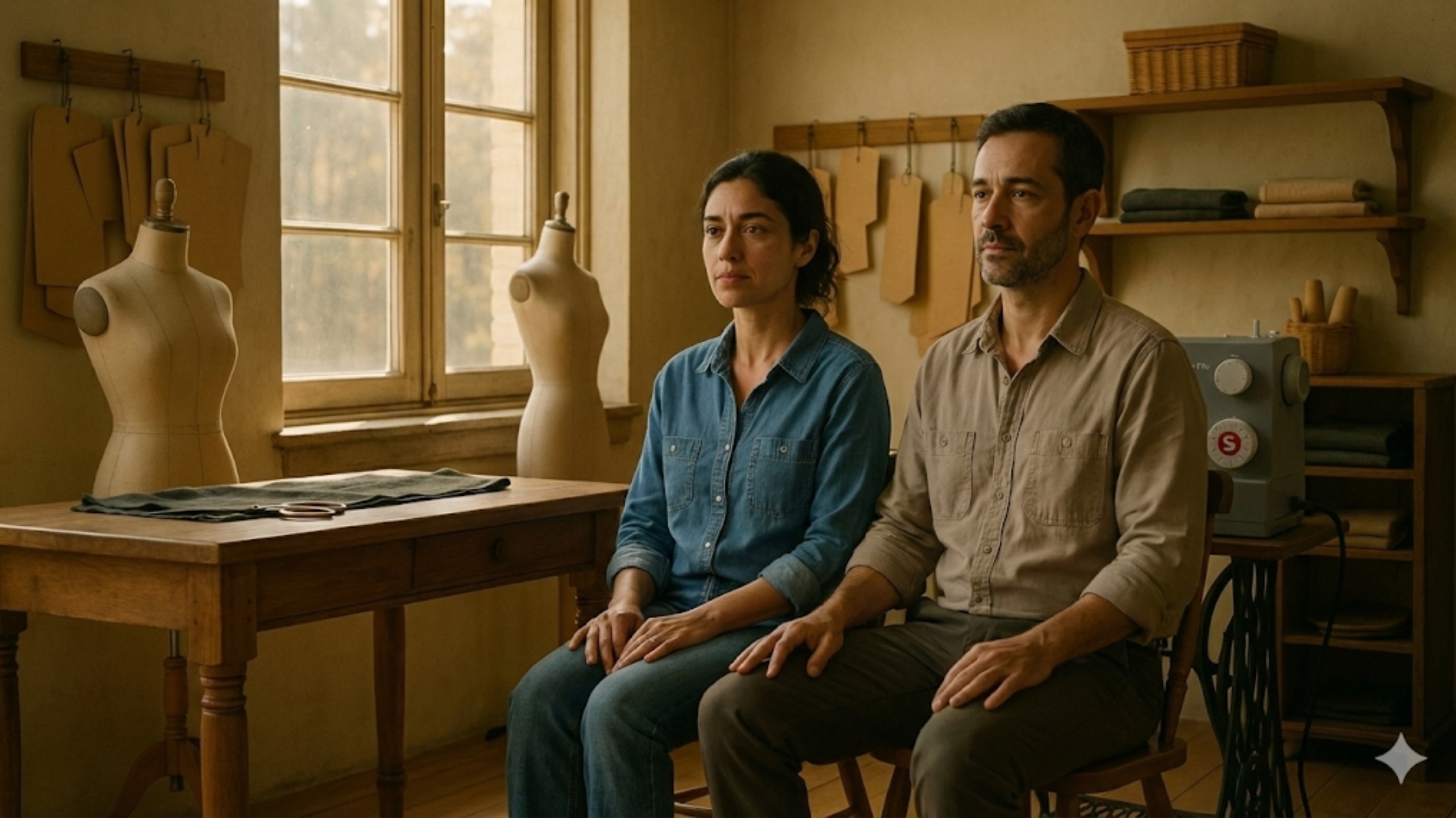 Homem e mulher sentados lado a lado em silêncio dentro de um ateliê de costura, representando presença, escolha e maturidade emocional.