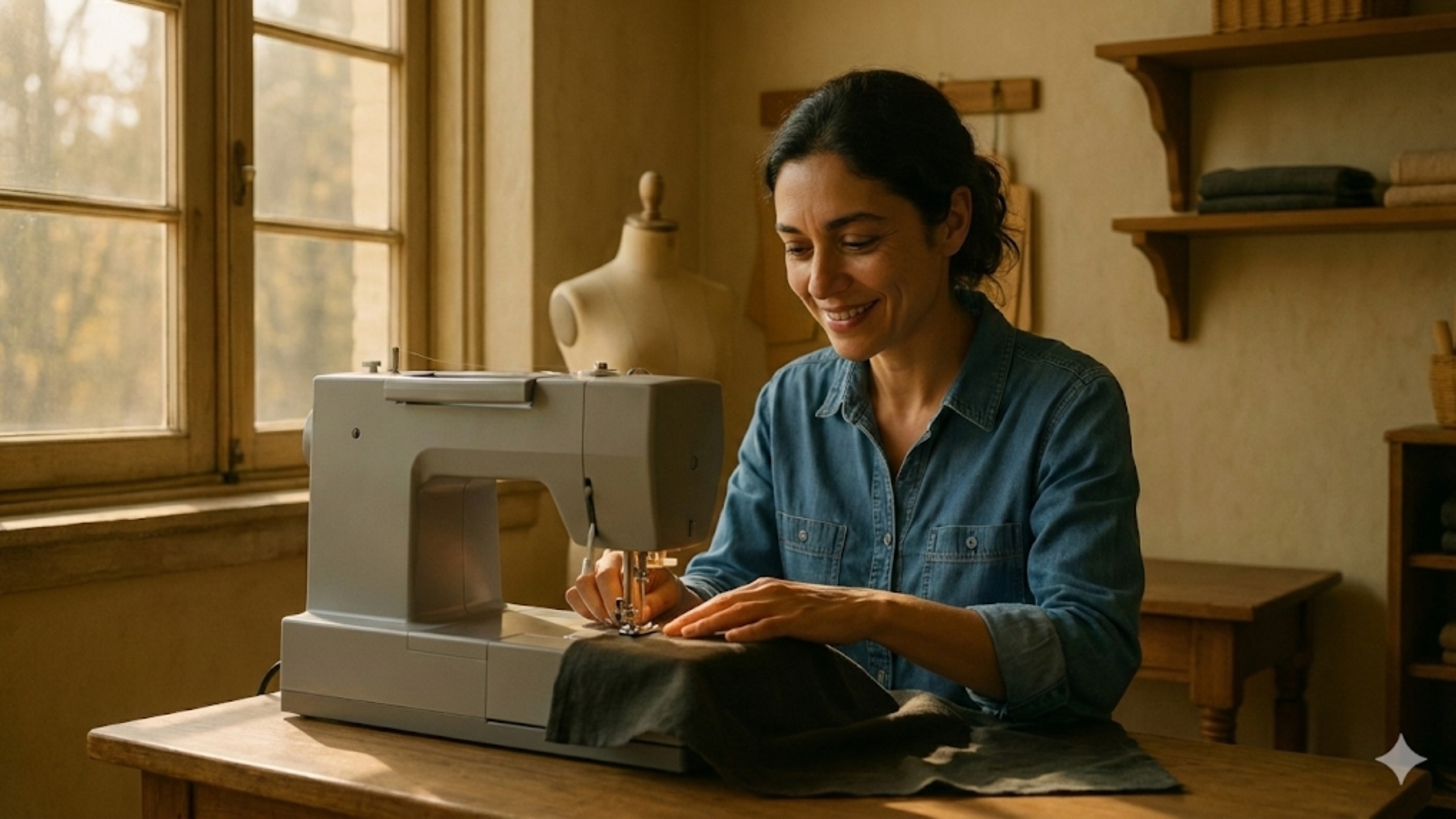 Costureira sorrindo suavemente enquanto trabalha em seu ateliê, em um ambiente de paz, aceitação e equilíbrio emocional.