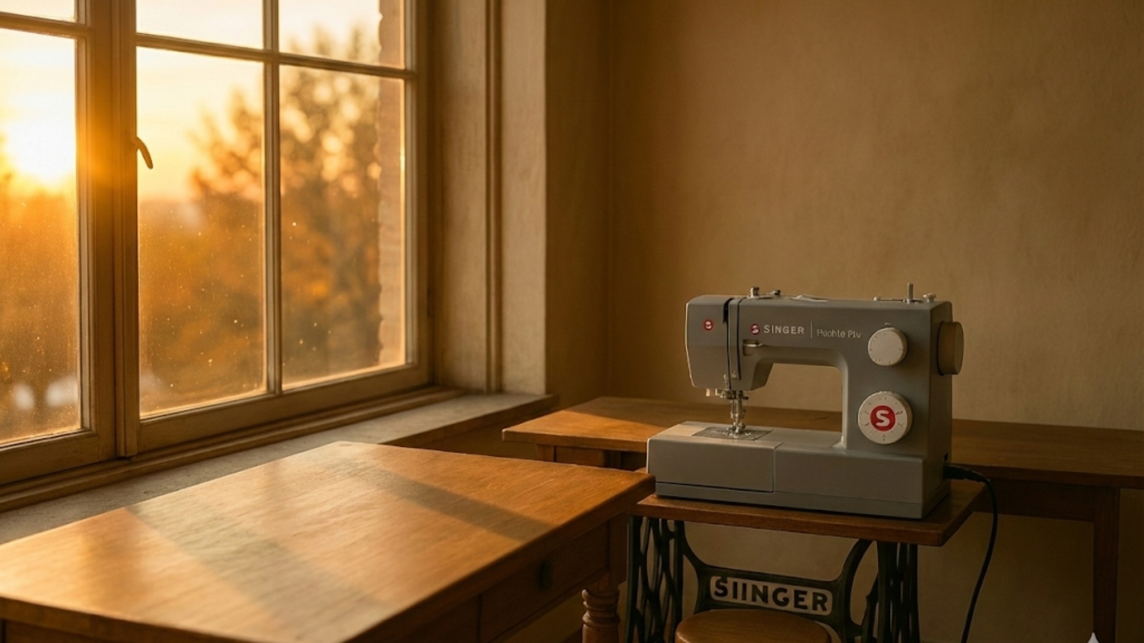 Máquina de costura próxima a uma janela ao entardecer, com luz suave, simbolizando silêncio, memória e continuidade.
