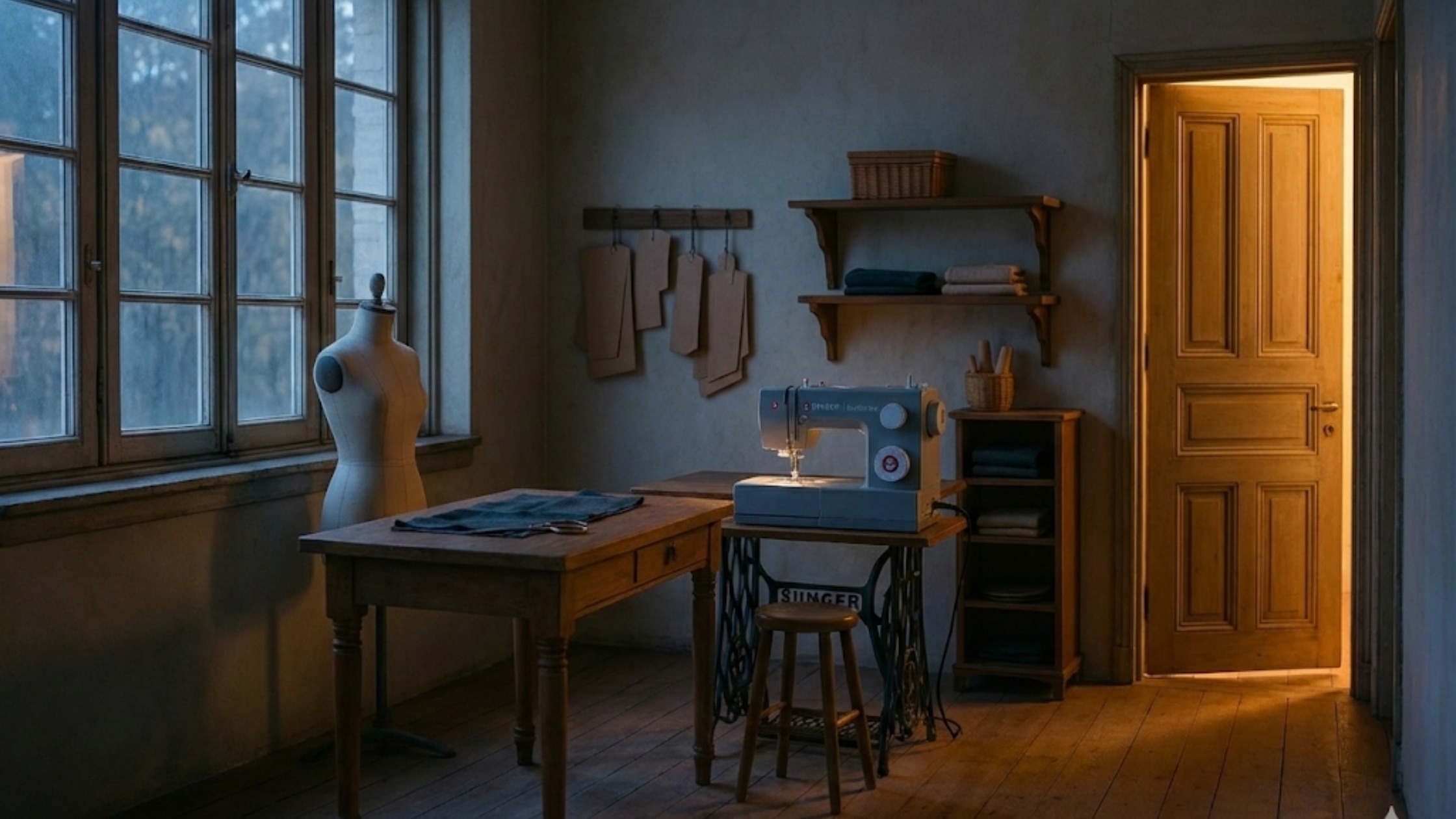 Ateliê de costura vazio ao final do dia, com porta entreaberta e luz quente, transmitindo encerramento, paz e recomeço.