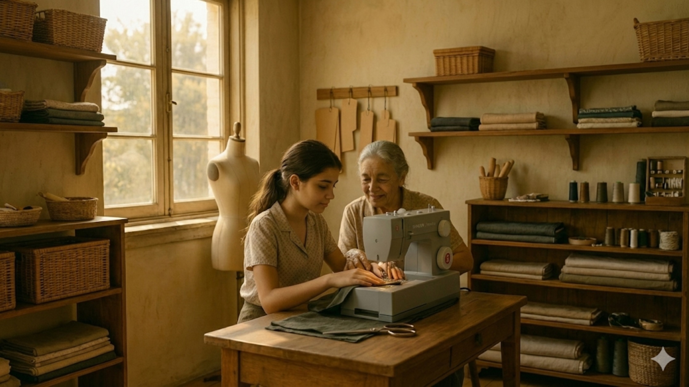 Jovem costureira aprendendo a costurar ao lado de uma senhora mais velha em um pequeno ateliê, transmitindo afeto, aprendizado e tradição.