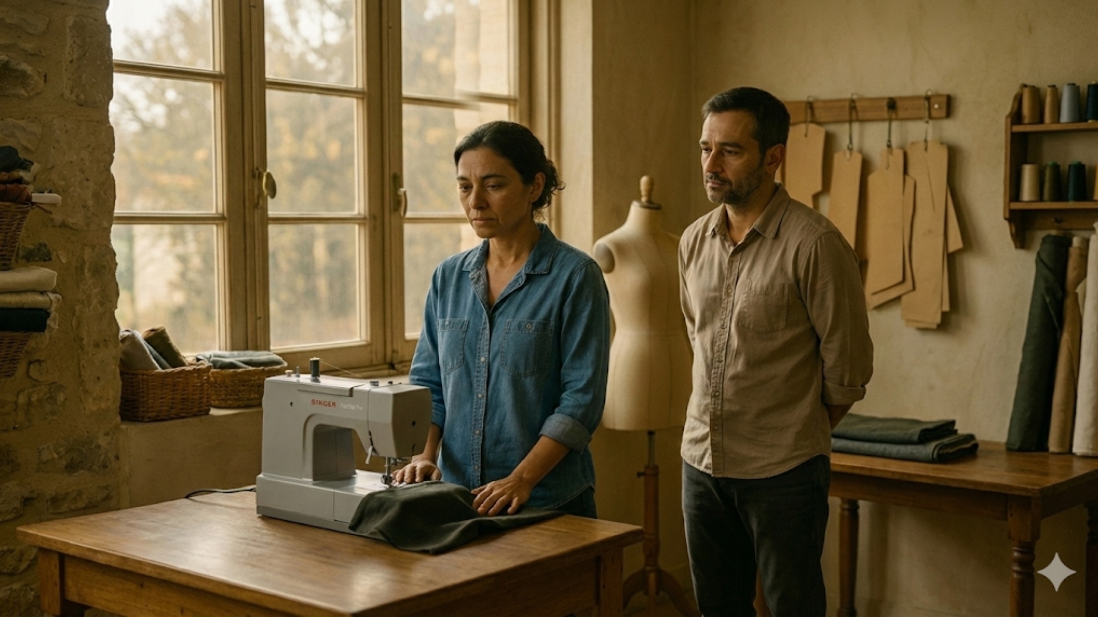 Homem e mulher em silêncio dentro de um ateliê de costura, com expressão emocional contida, representando um reencontro marcado pelo passado.