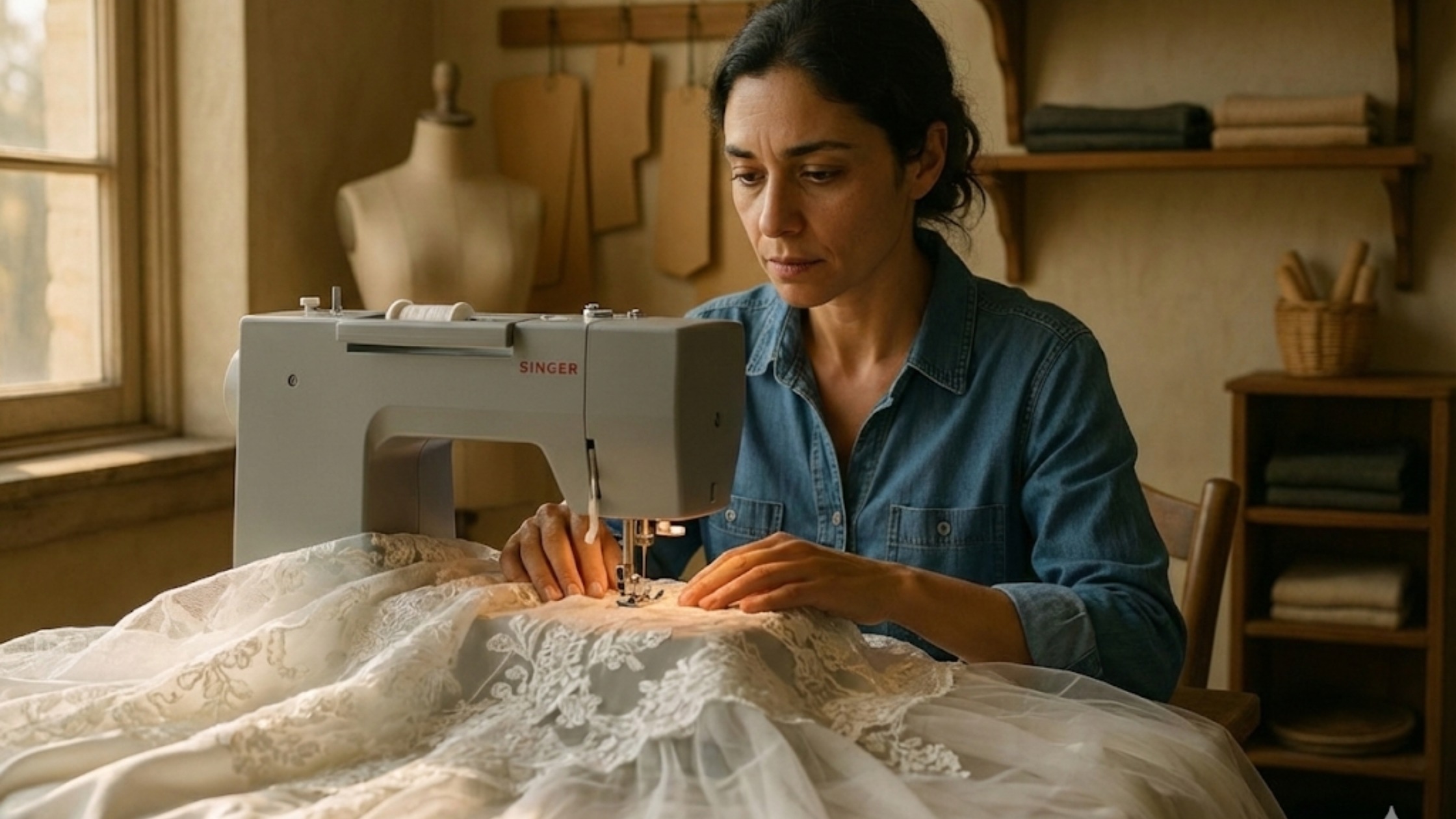 Costureira concentrada ajustando um vestido de noiva em seu ateliê, simbolizando emoção contida e conflitos internos durante a costura.