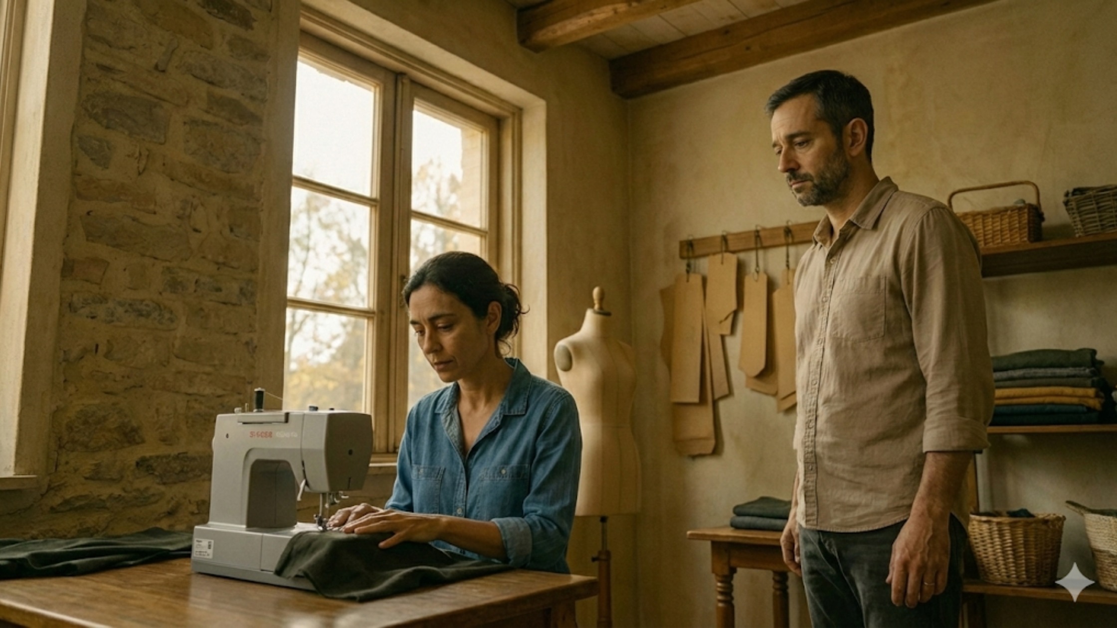 Homem observando uma costureira trabalhar em silêncio dentro do ateliê, com atmosfera emocional marcada por palavras não ditas.