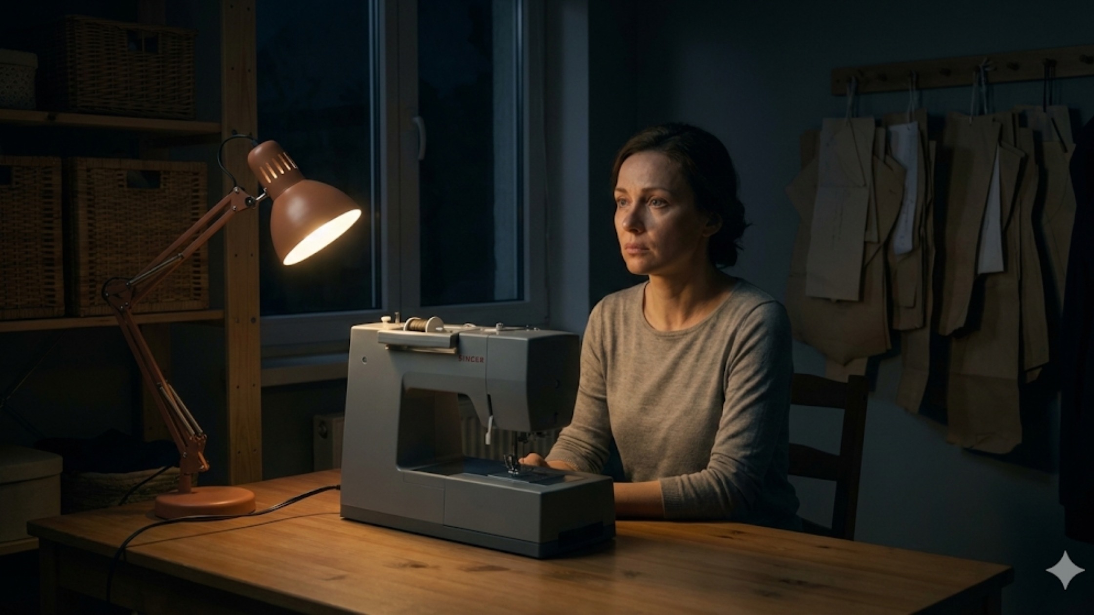 Costureira sentada sozinha em seu ateliê à noite, com a máquina desligada e iluminação suave, transmitindo reflexão e cansaço emocional.