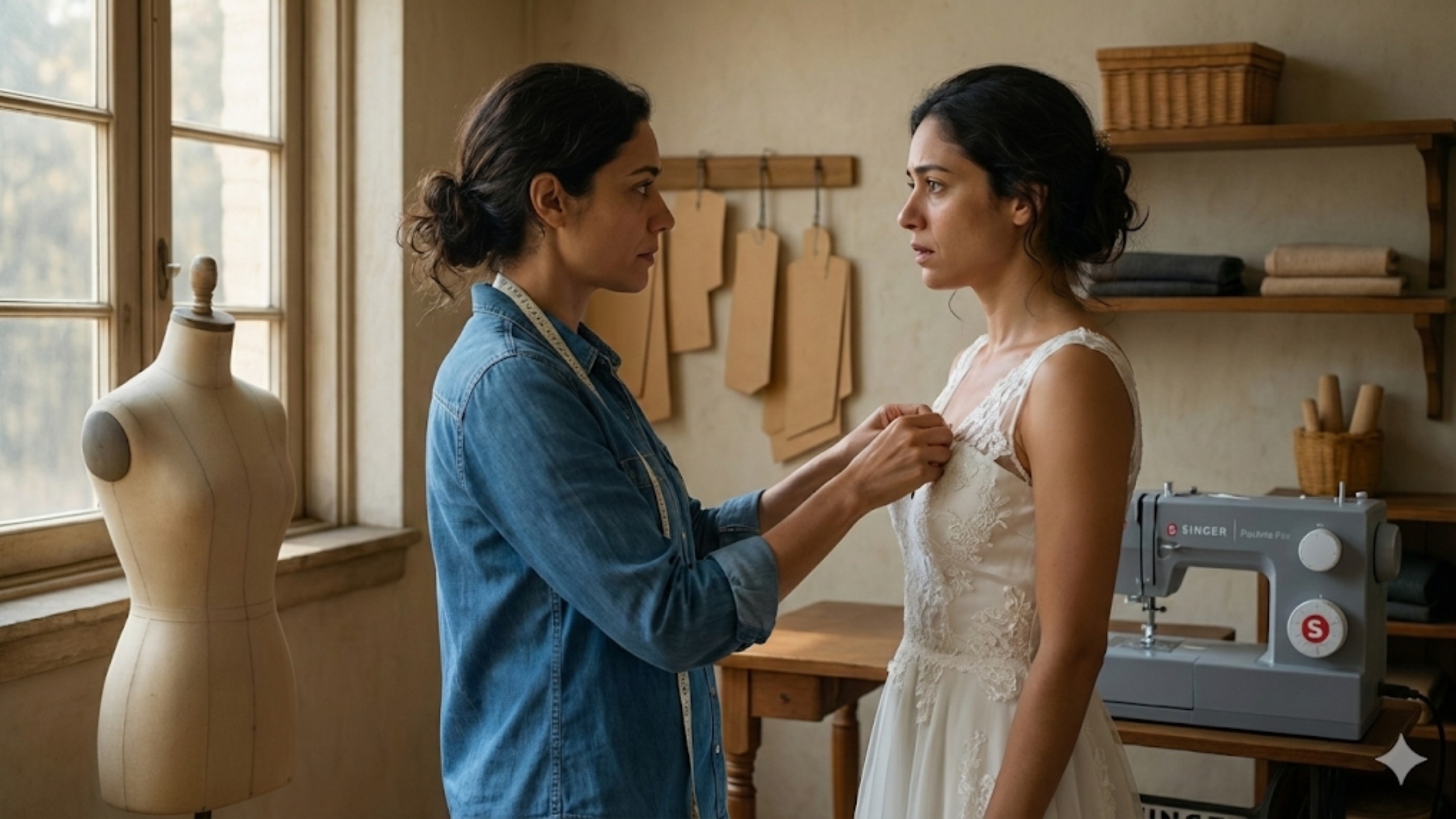 Duas mulheres conversando em um ateliê de costura durante a prova de um vestido, com clima respeitoso e emocionalmente delicado.