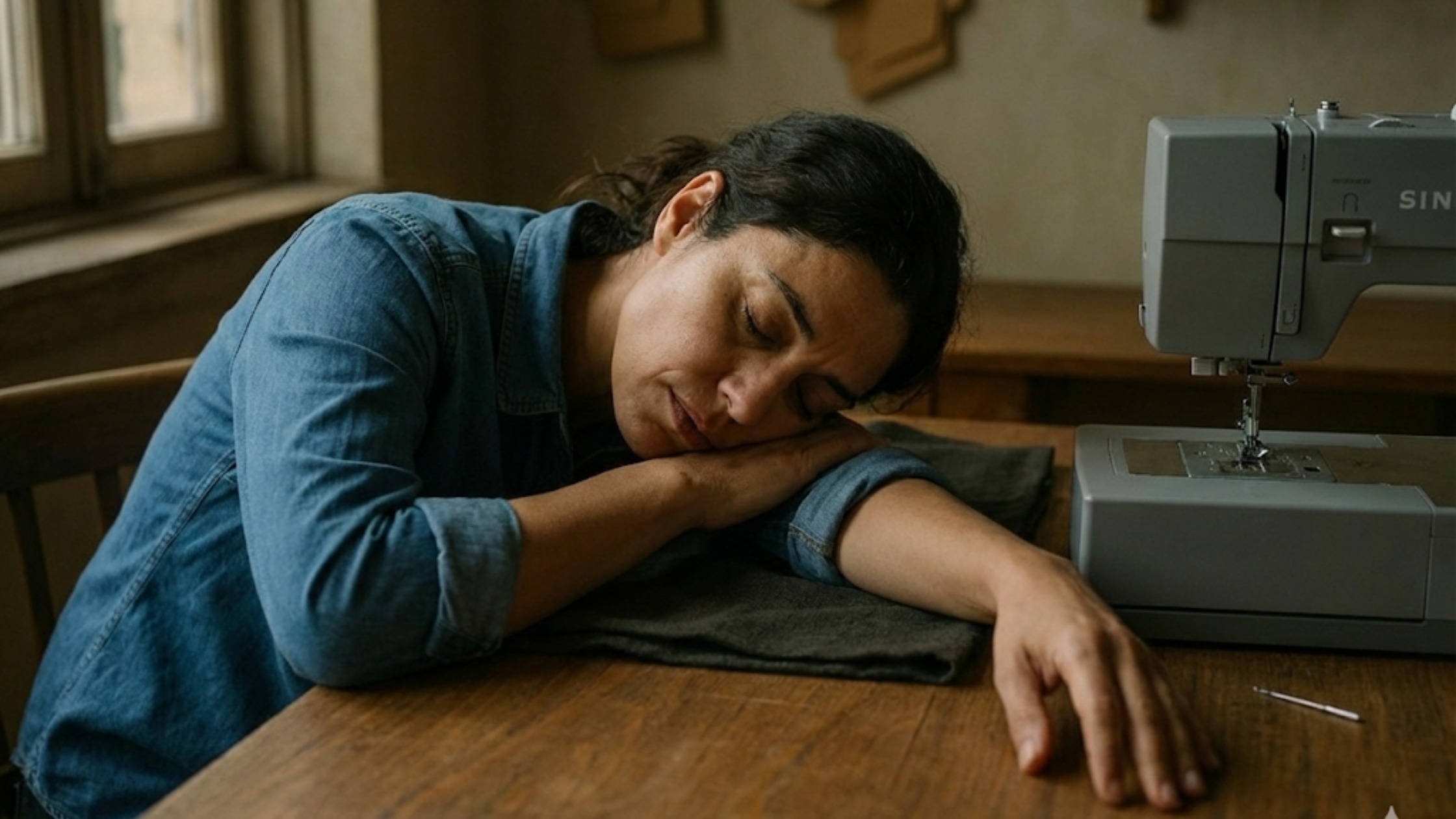 Costureira cansada apoiando a cabeça na mesa de costura, com agulha quebrada ao lado, simbolizando exaustão física e emocional.
