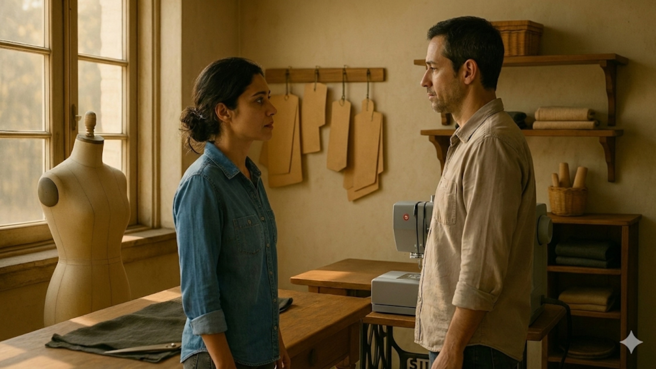 Homem e costureira conversando seriamente dentro do ateliê, em um momento de decisão e honestidade emocional.