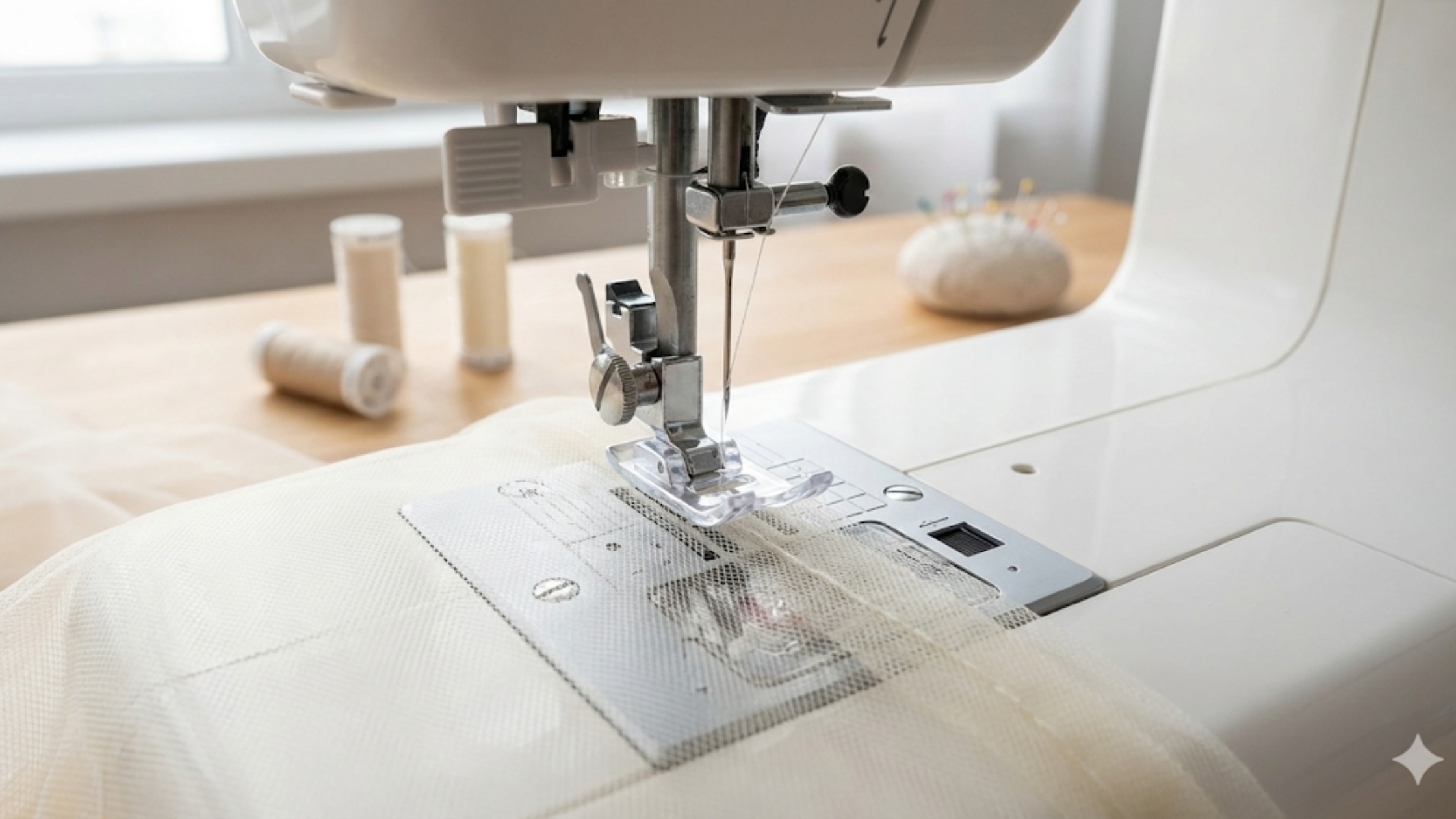 Configuração da máquina para costurar tule