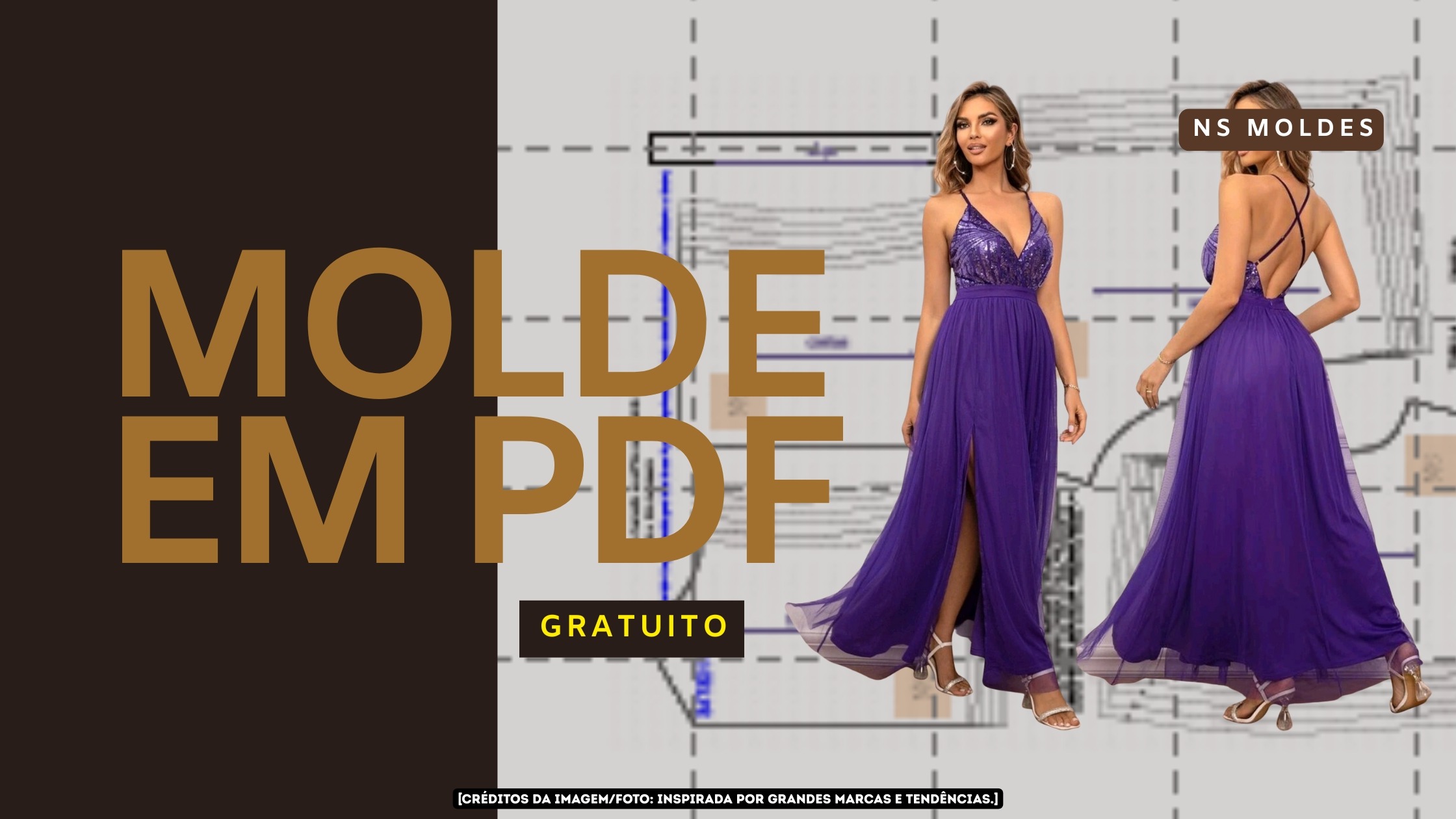 Molde em PDF Gratuito - Vestido Longo Tule com Paetê e Fenda (PP ao XG)