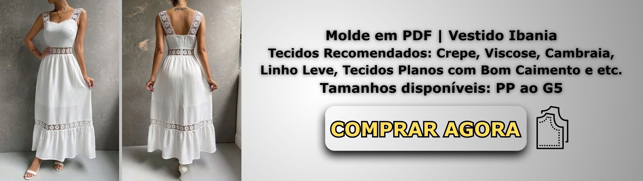 Molde em PDF - Vestido Ibania (Vestido Estilo Casual Midi Alças Largas com Recortes em Renda Cintura Marcada e Saia em Camadas)