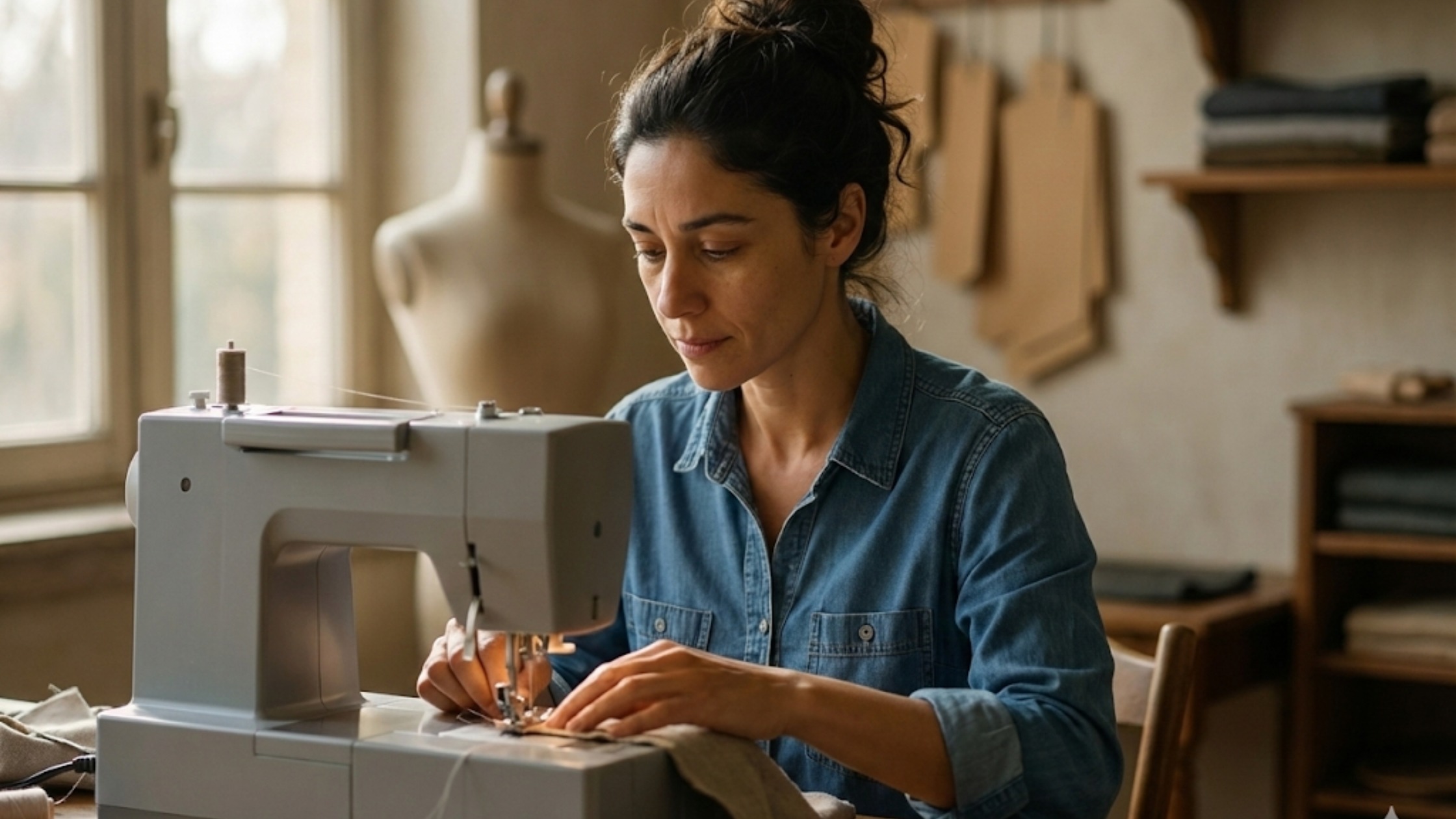 Costureira sozinha em seu ateliê, com máquina de costura e tecidos ao redor, em um ambiente calmo e emocional iluminado pela luz natural.