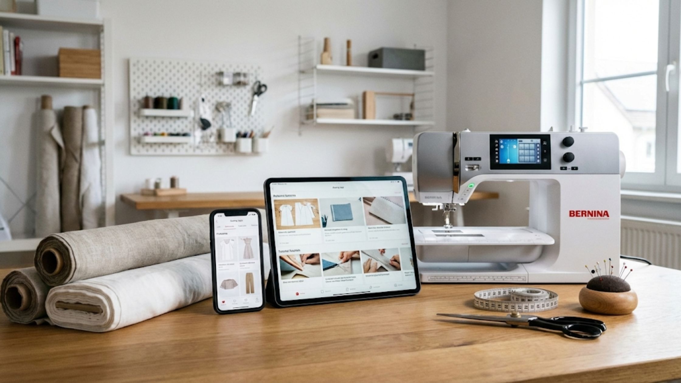 Apps indispensáveis para costureiras em 2026 sendo usados em ambiente de trabalho com celular e materiais de costura
