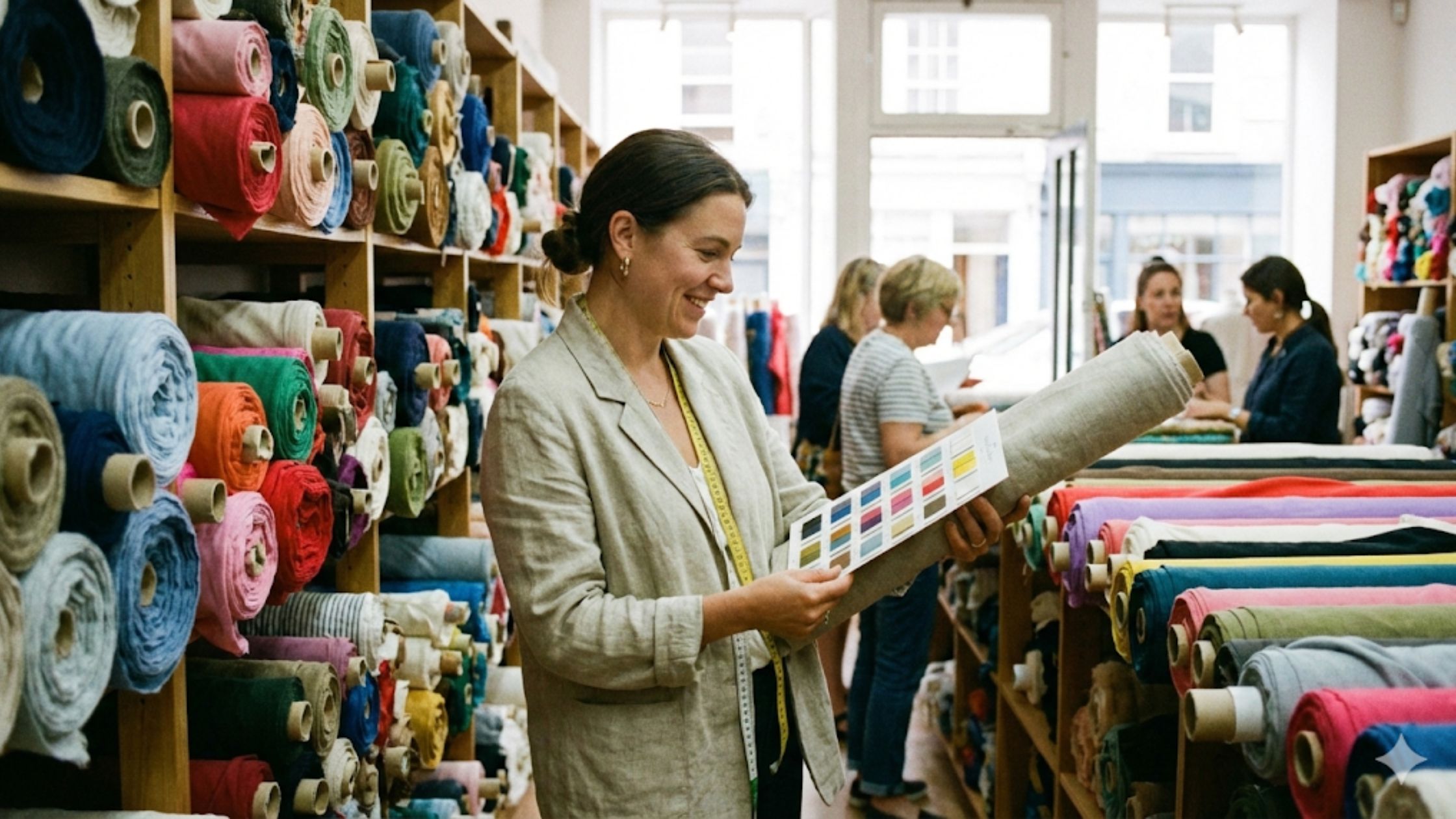 Melhores tecidos para iniciantes sendo escolhidos em loja de tecidos