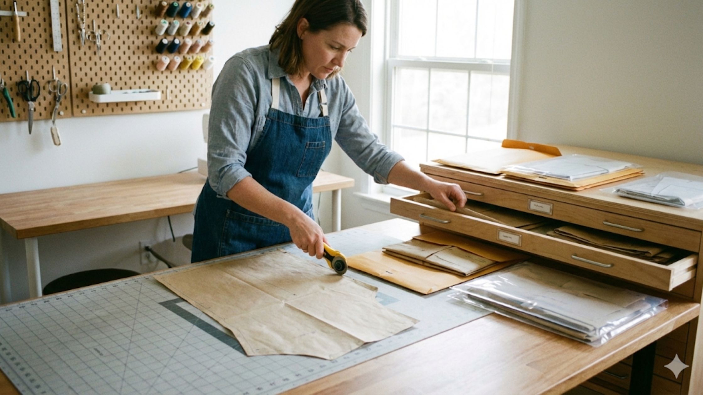 Tipos de papel ideais para moldes de costura sendo utilizados corretamente