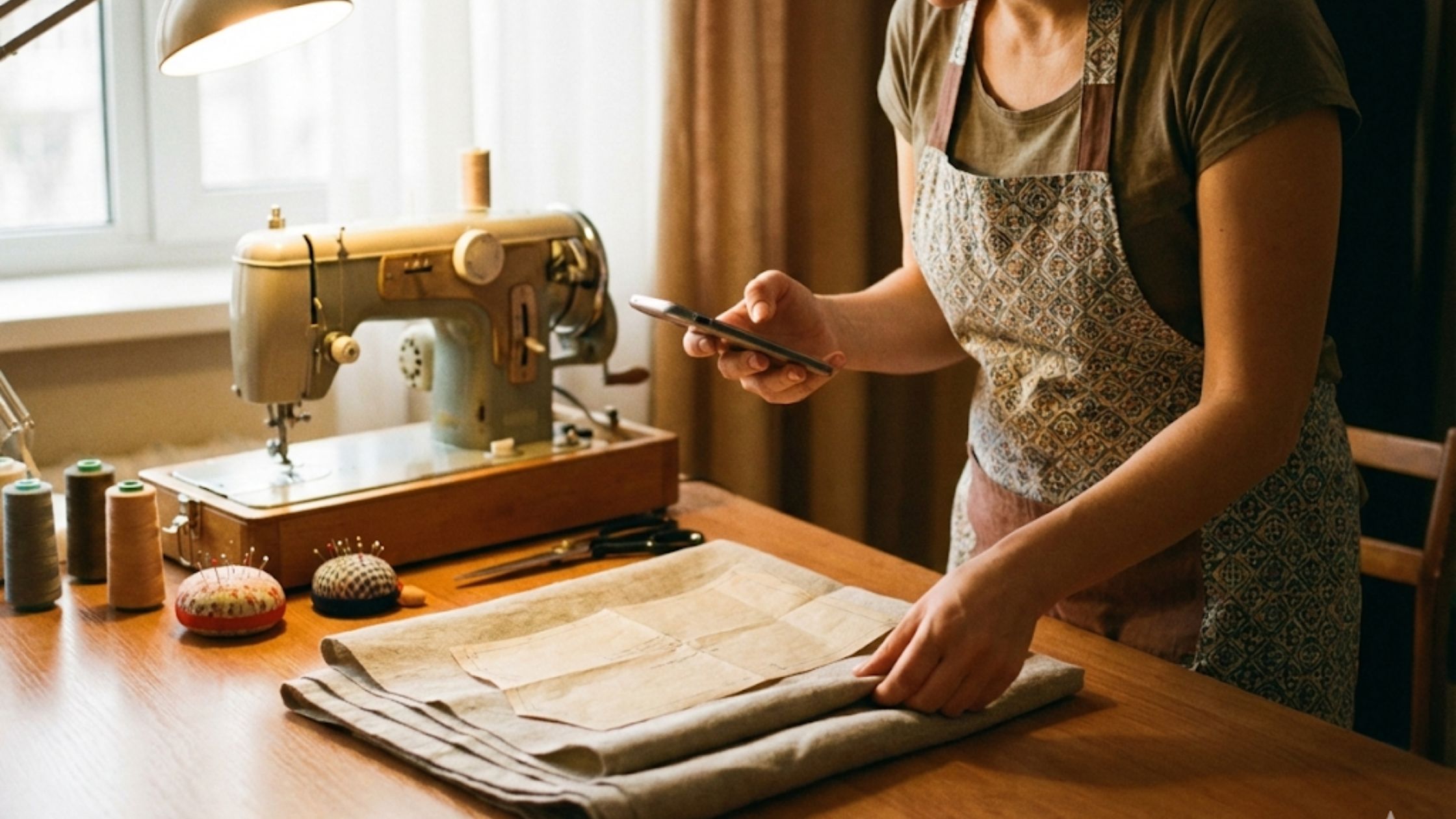 Melhores celulares para costureiras que utilizam moldes para costura sendo usados durante o processo de costura