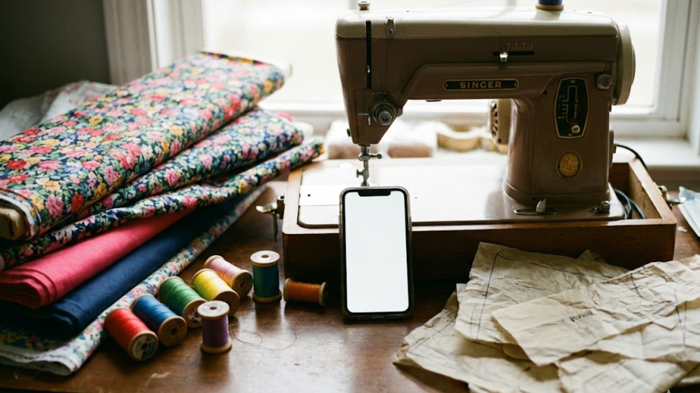 Melhores celulares para costureiras que utilizam moldes para costura ao lado de máquina de costura em ambiente profissional