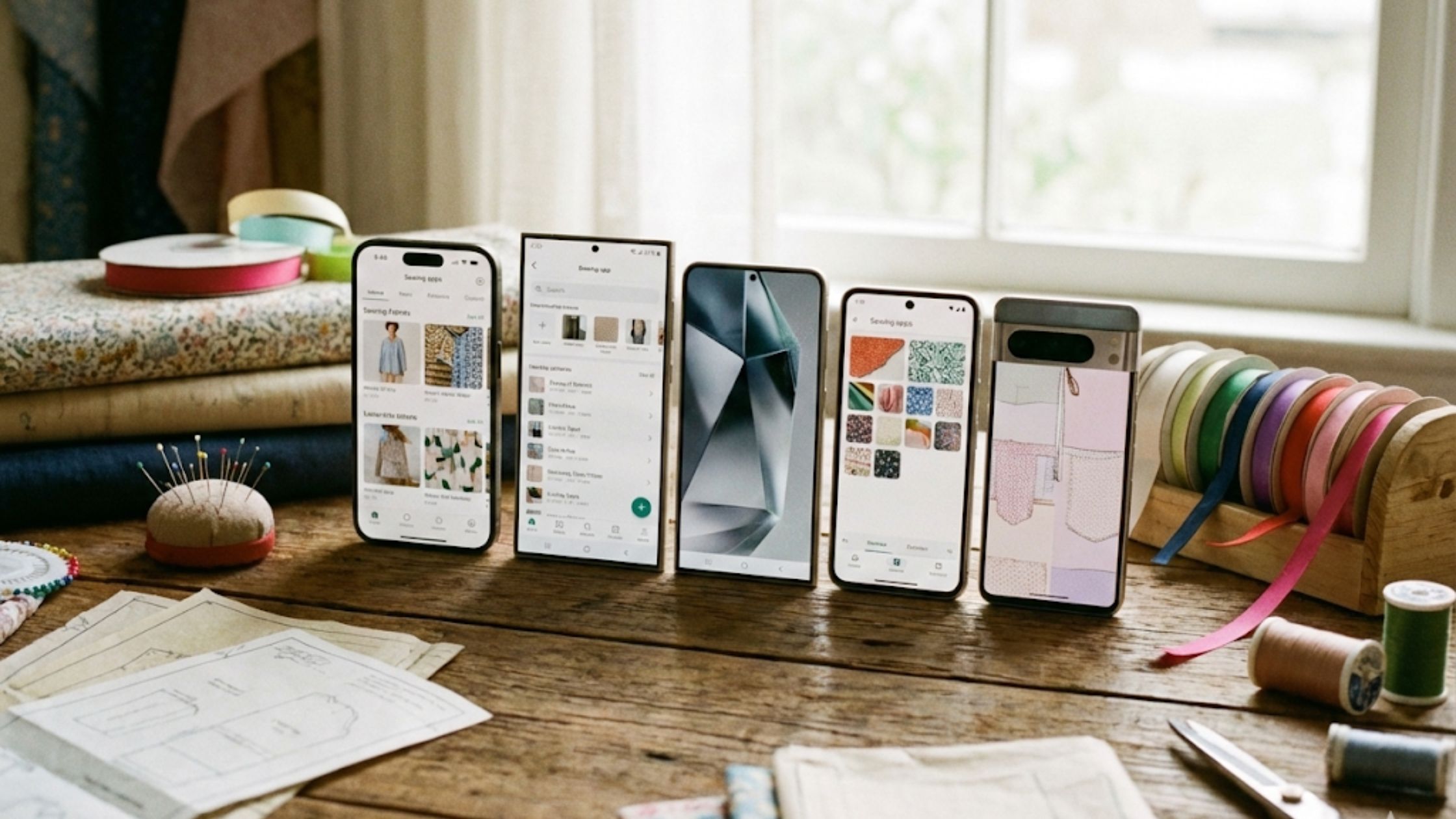 Melhores celulares para costureiras que utilizam moldes para costura dispostos em bancada de costura organizada