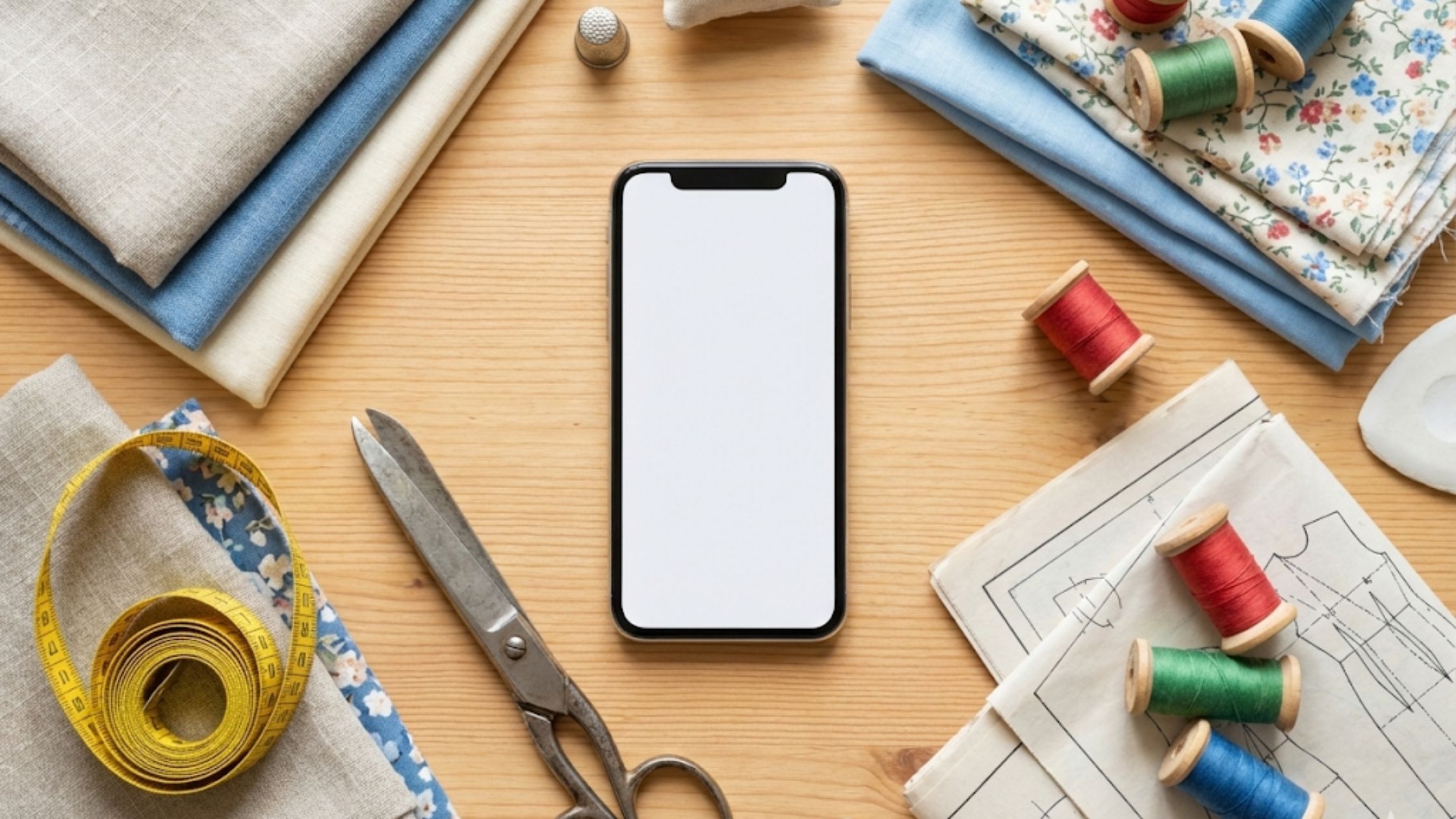 Melhores celulares para costureiras que utilizam moldes para costura analisados em estação de trabalho com tecidos e ferramentas