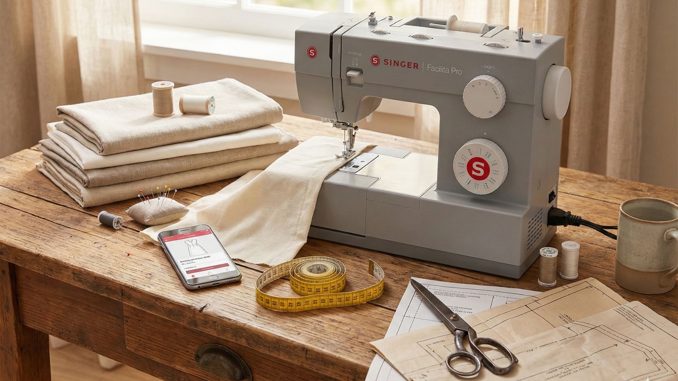 Melhores celulares para costureiras que utilizam moldes para costura em ambiente de trabalho com máquina de costura e smartphone