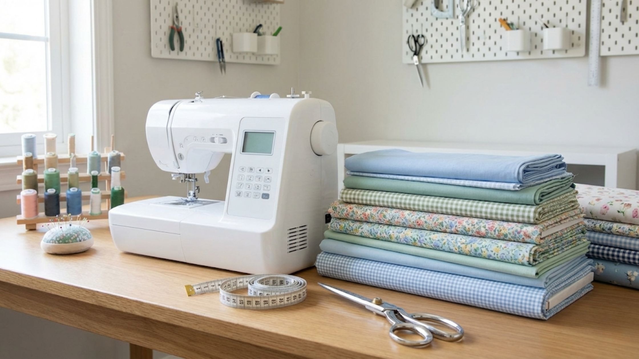 Melhores tecidos para iniciantes organizados em mesa de costura para aprendizado em 2026