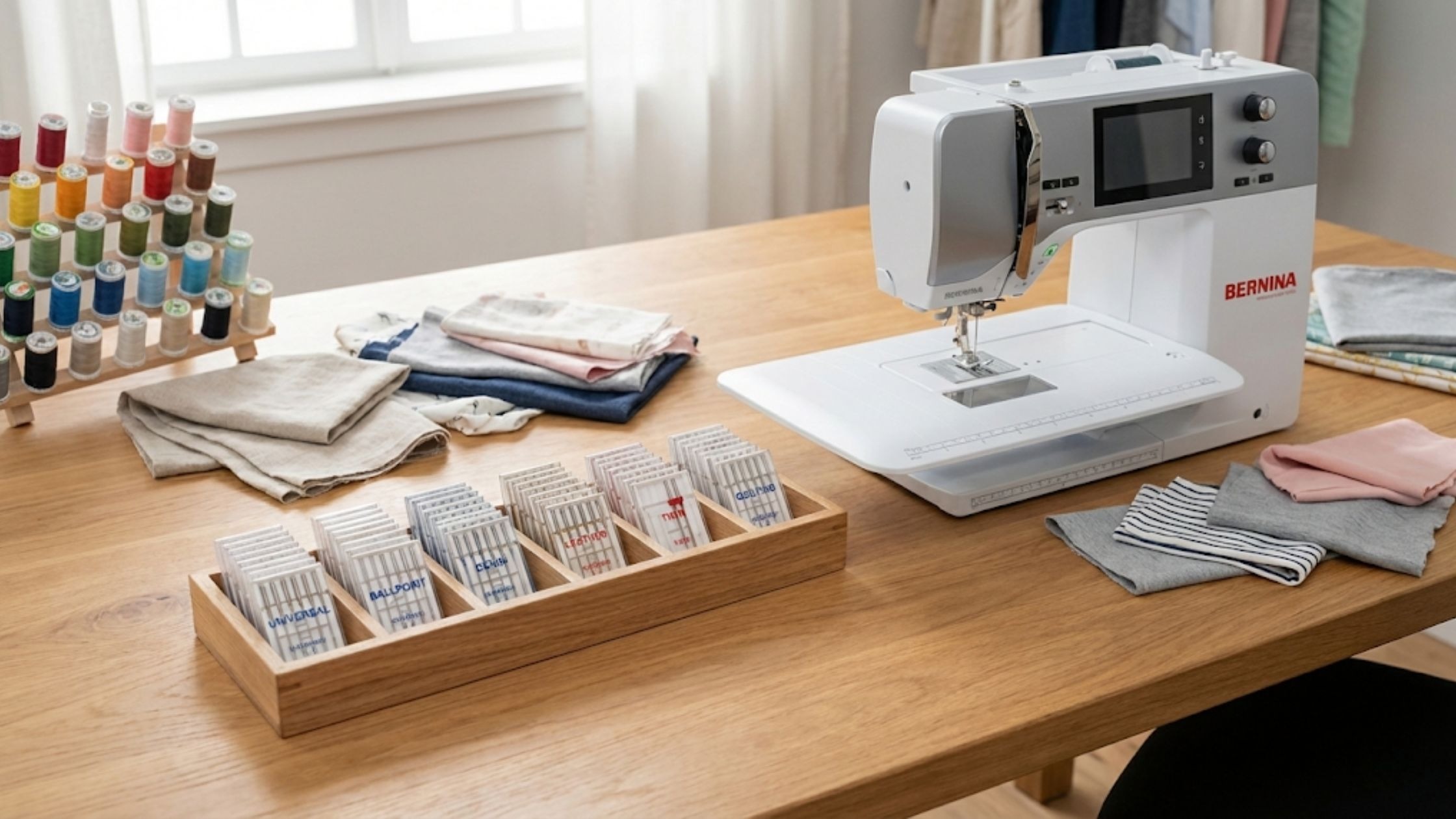 Tipos de agulha para máquina de costura organizadas para uso em diferentes tecidos