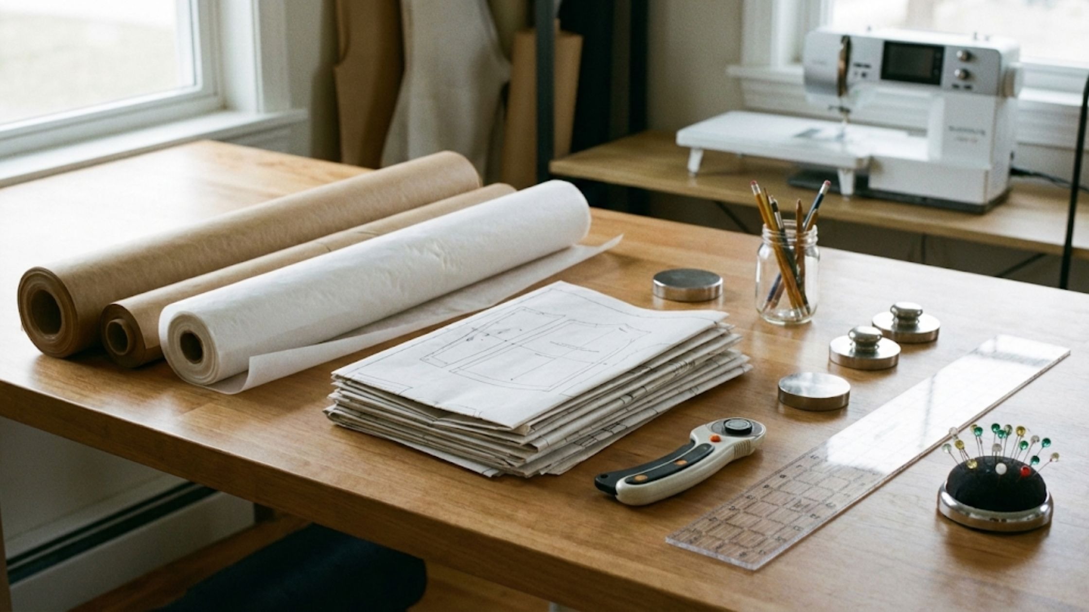 Tipos de papel ideais para moldes de costura organizados em mesa de trabalho de costureira