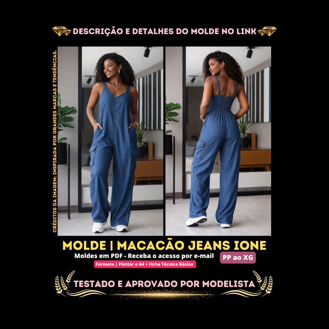 Molde em PDF - Macacão Jeans Ione (Macacão Estilo Casual Cargo Longo com Alças Médias Decote V Frontal Bolsos Utilitários Laterais Costas com Lastex)