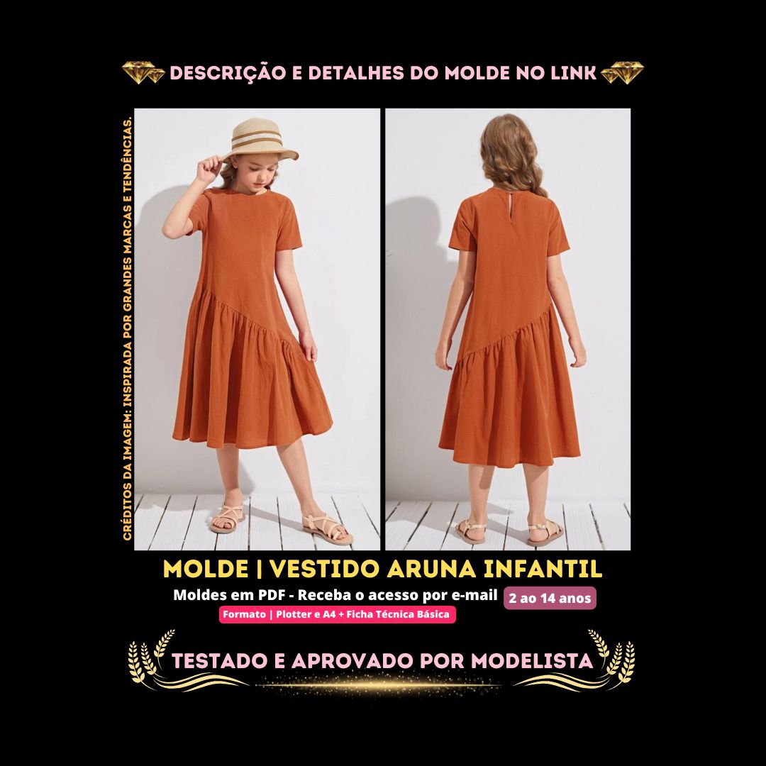 Molde em PDF - Vestido Aruna Infantil (Vestido Estilo Casual Infantil Evasê com Recorte Assimétrico e Saia Franzida)