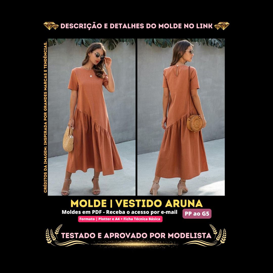 Molde em PDF - Vestido Aruna (Vestido Estilo Casual Midi Evasê Recorte Assimétrico Saia Franzida)