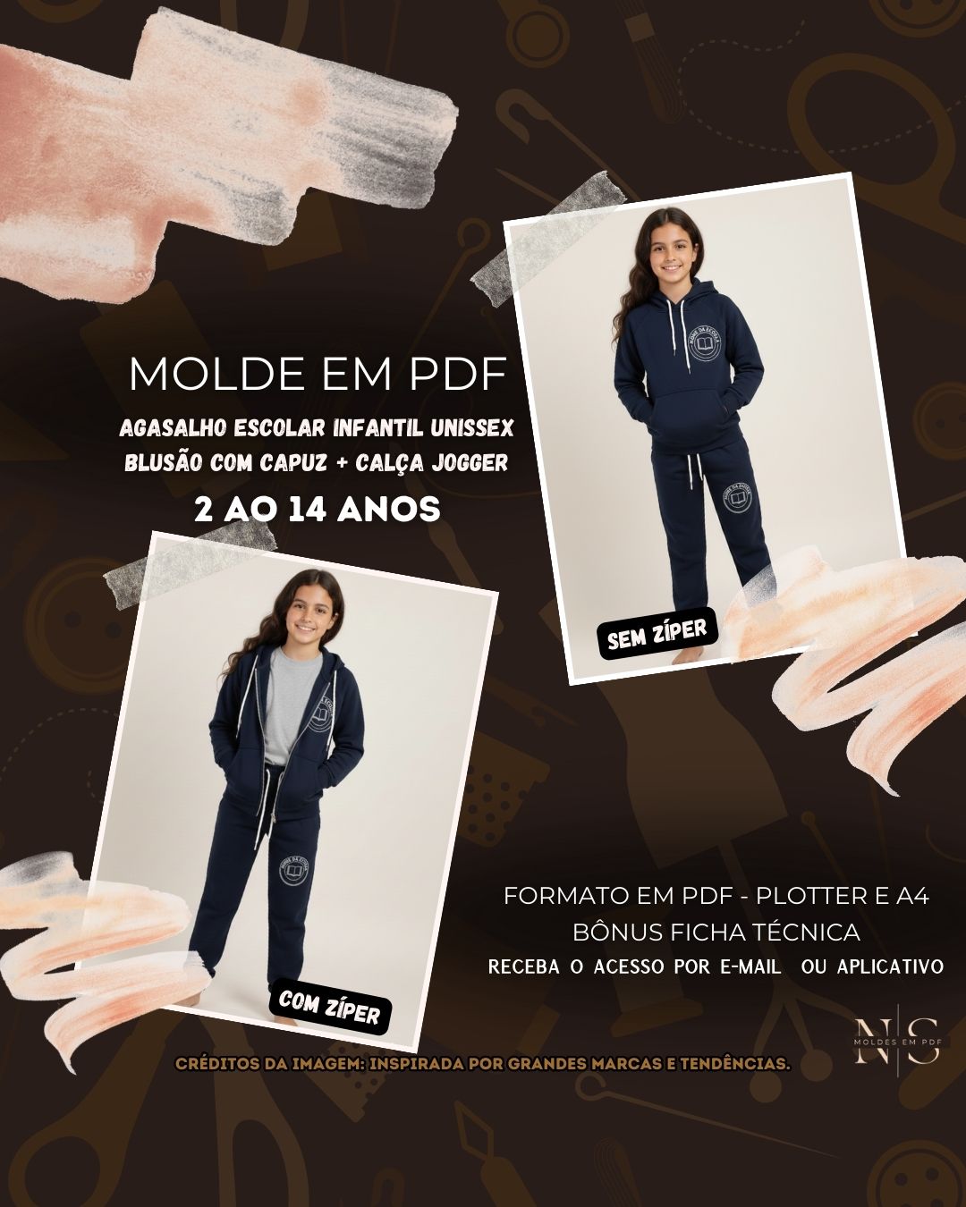 Molde em PDF - Agasalho Escolar Infantil Unissex (Blusão Estilo Uniforme Escolar Manga Raglan Longa Capuz Com ou Sem Cordão de Ajuste Fechamento Versão 1: Zíper Plástico Frontal de Ponta a Ponta e Versão 2: Moletom Fechado (Sem Abertura Frontal) Bolsos Versão 1: Bolsos Frontais Embutidos (Tipo Canguru Dividido) e Versão 2: Bolso Canguru Único Central). & Calça Jogger Estilo Uniforme Escolar Cós Elástico Cordão Ajustável Bolsos Laterais Perna Afunilada Punhos Ajustados)