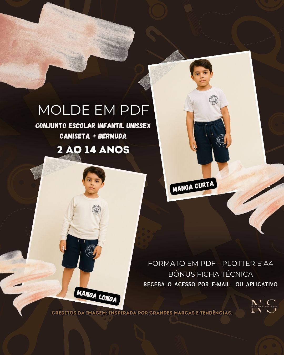 Molde em PDF - Conjunto Escolar Infantil Unissex (Camiseta Estilo Uniforme Escolar Gola Redonda Manga Curta e Manga Longa & Bermuda ou Short Estilo Uniforme Escolar Cós Elástico Cordão Ajustável Bolsos Laterais)