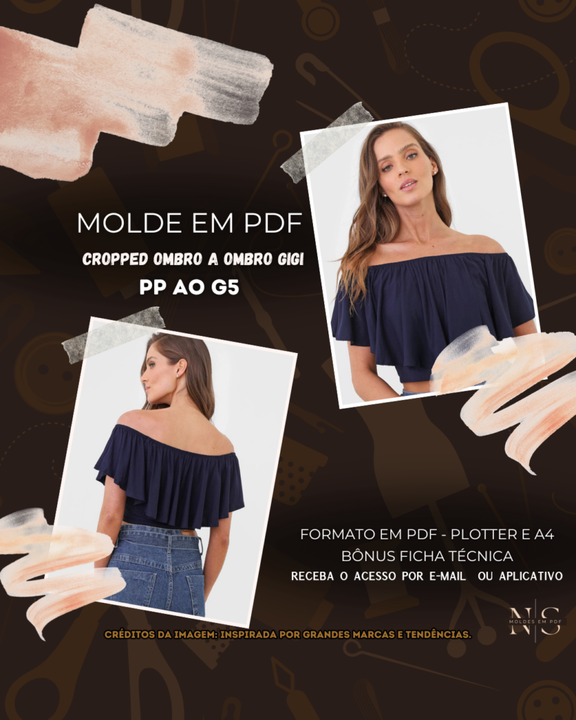 Molde em PDF - Cropped Ombro a Ombro Gigi (Blusa Cropped Estilo Casual Ombro a Ombro com Babado Sobreposto e Cós Ajustado)