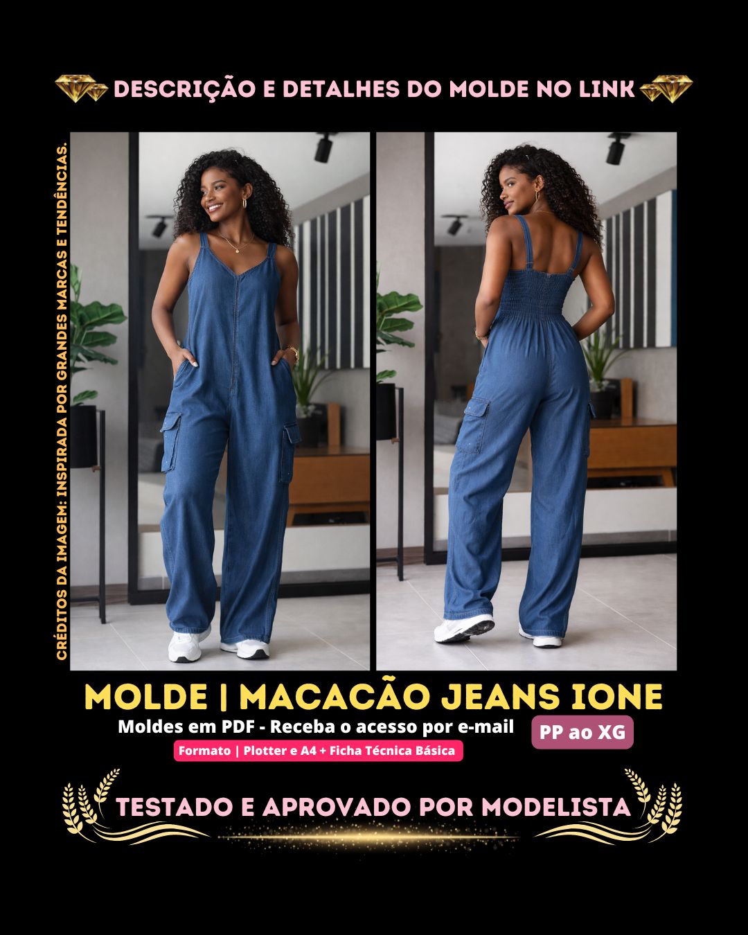 Molde em PDF - Macacão Jeans Ione (Macacão Estilo Casual Cargo Longo com Alças Médias Decote V Frontal Bolsos Utilitários Laterais Costas com Lastex)